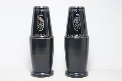 Párové vázy z hyalitového skla, motiv orientálních ptáků - CHINOSERIE