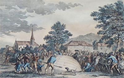 Poplach při pádu balónu 27. 8. 1783 v Gonesse ve Francii