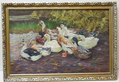 Kachny na břehu,  Vojtěch Hynek POPELKA? nesign. olej na plátně