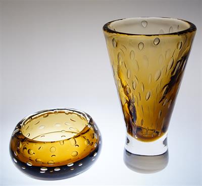 Souprava hutní topasové sklo dekor bublin M. METELÁK 1968