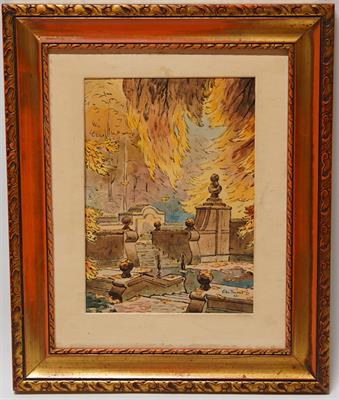 Podzim v zámeckém parku s jezírkem - Otto KUBÁT r. 1953