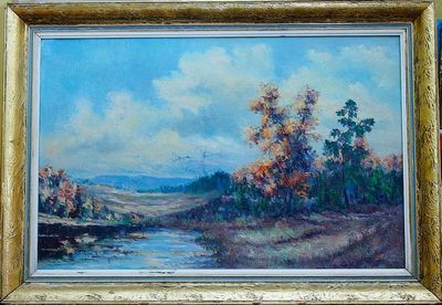 Krajinomalba "Podzimní krajina, břeh rybníka" - olej na plátně