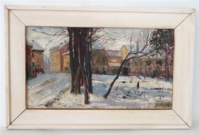 Zima ve městě - René ŠEBESTÍK olejomalba na kartonu