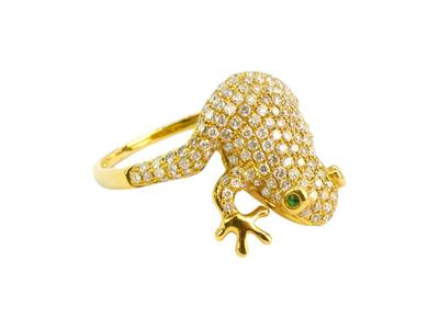Zlatý prsten s diamanty a smaragdy ve tvaru žáby