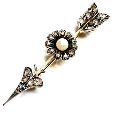 Zlatostříbrná brož s diamantovými routy a perlou