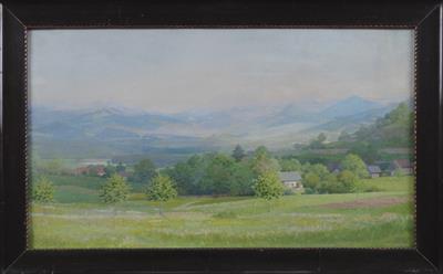 Monogram J. P. W. - Pohled do otevřené krajiny pod horami