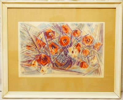 Kubistické zátiší s kyticí  Jaroslav KOVÁŘ, barevná litografie