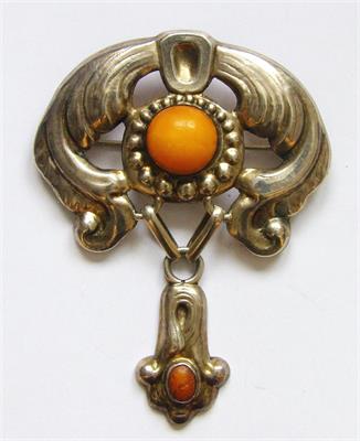 830 Ag secesní brož s jantarem, Dánsko cca 1910