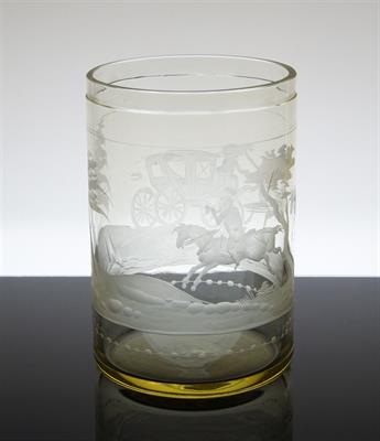 Luxusní bohatě rytá sklenice - Poštovní kočár, 19. století