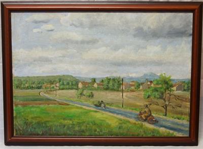 Podřipsko - krajina s motocyklistou, olejomalba na plátně