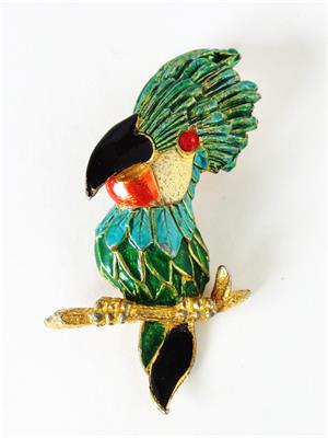 Papoušek brož, smalt a zlacený kov, značeno nejasně