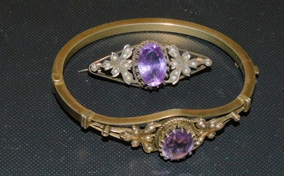 Náramek a brož - stříbro, perly a ametysty