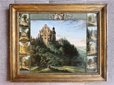 Hrad a okolní budovy, olej na platně dat. 1843