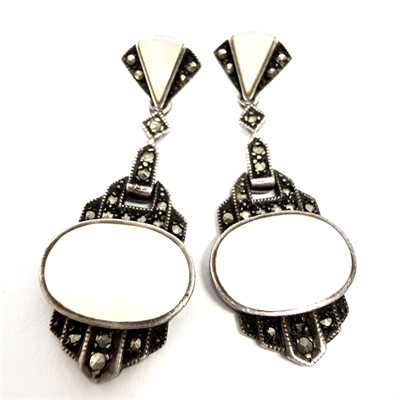 Stříbrné Art deco náušnice s perletí a markazity