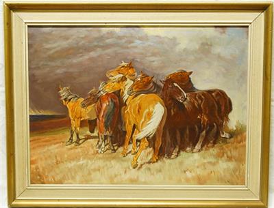 Stádo koní před bouří, sign. J.BUBÁK olej na plátně