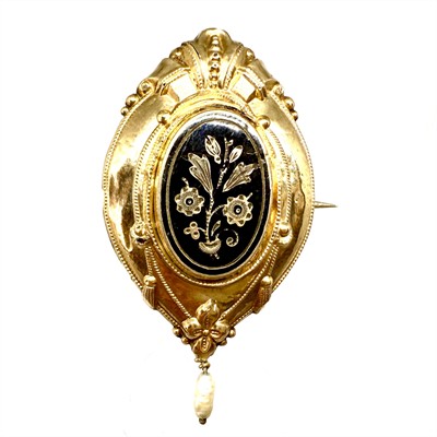 Zlatostříbrná biedermeier brož se smaltem a perlou