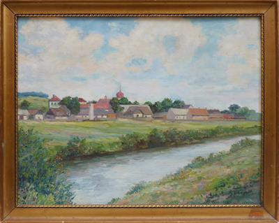 Karel Uher - Pohled na vesnici od řeky