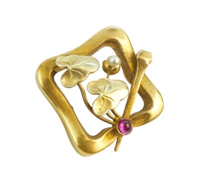 Zlatá brož s rubínem a perličkou