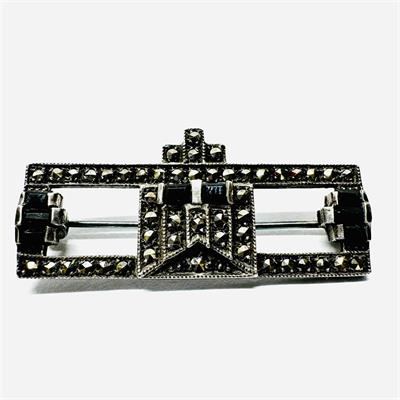 Stříbrná Art deco brož s markazity a onyxy