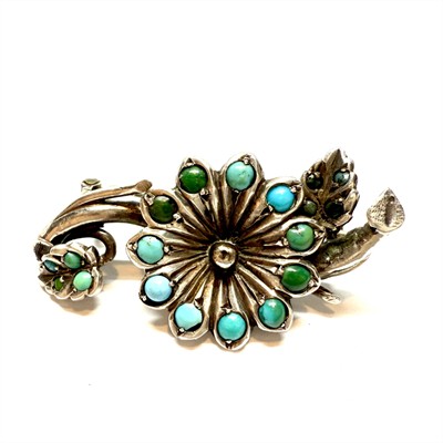 Stříbrná brož s tyrkysy - květina