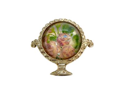 Zlatá malovaná  brož s horským křišťálem a brilianty