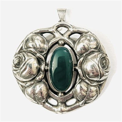 Stříbrná secesní brož/přívěšek s chryzoprasem - DKS