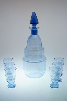 Likérová souprava z akvamarinového skla ve stylu ART - DECO