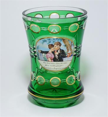 Sklenice malovaným medailonem 19. stol, motiv víno a láska