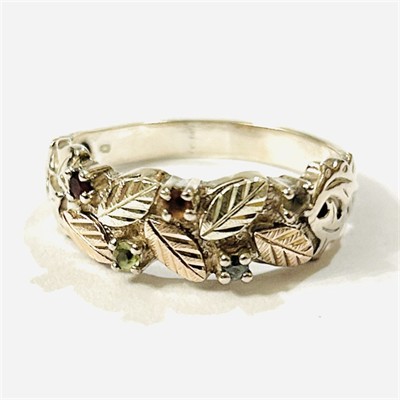 Stříbrno-zlatý prsten s granáty, topazy, olivínem, citrínem