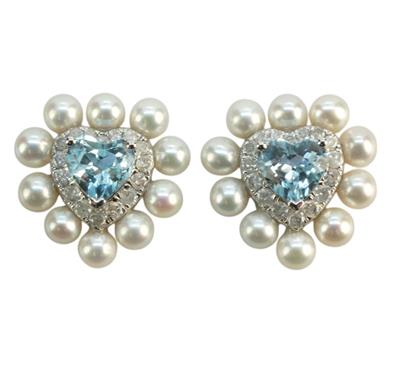 Zlaté náušnice s diamanty topazy a perlami - srdce