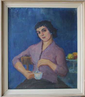 Žena s kávou - sign - Olej
