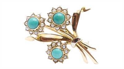 Zlatá brož s tyrkysy a perličkami