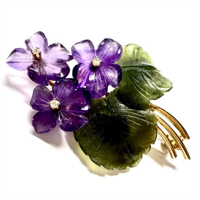 Zlatá brož s ametysty, nefrity a brilianty - fialky