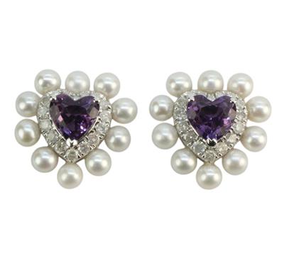 Zlaté náušnice s diamanty, ametysty a perlami - srdce
