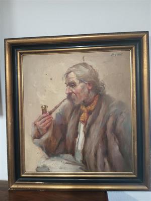 Muž s dýmkou - starožitný olej sign .Podal