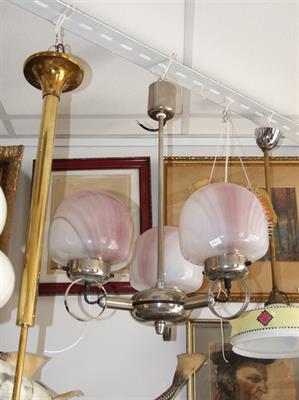 Lustr 3-ramenný,niklovaný fialovo-bílá stínidla