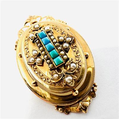 Sbírková biedermeier zlatá brož s tyrkysy a perlami