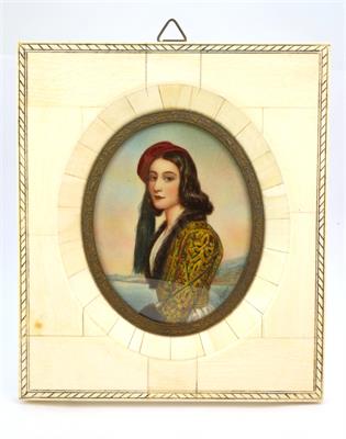 Miniatura - portrét dámy v červeném čepci