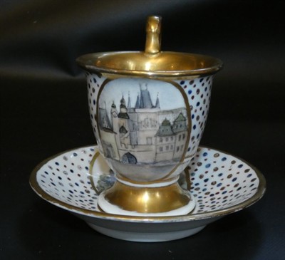 Šálek s podšálkem s vedutou Slavkov 19.století.