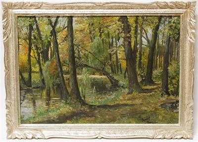 Interiér lesoparku s říčkou - Josef SYROVÝ, olejomalba