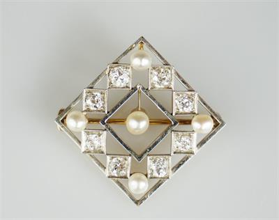 Zlatá art-deco brož s diamanty a perlami