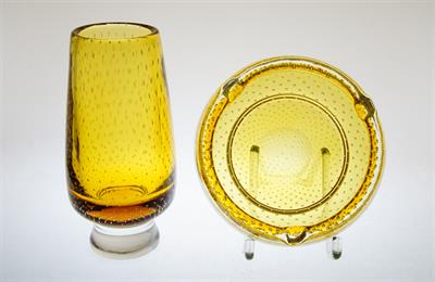 Souprava z hutního ambrového skla dekor bublinek M. METELÁK