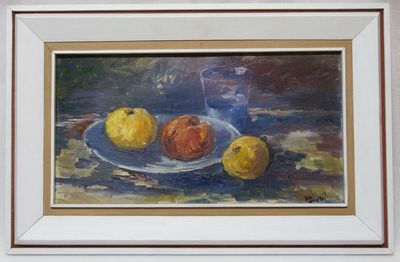 Zátiší Jablka se sklenicí - Jaroslav PAVLIŠ, olejomalba