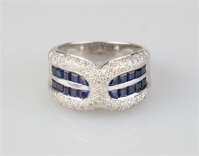 Zlatý prsten se safíry a diamanty