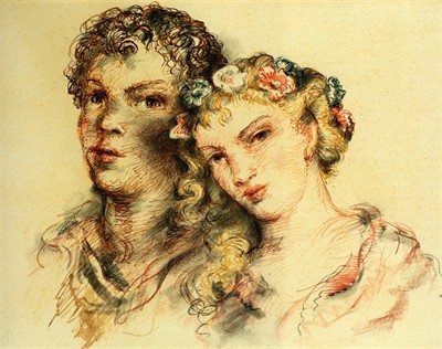 Antonín Procházka - Dvojice, kresba akvarel, tuše