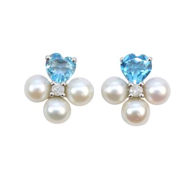 Zlaté náušnice s topazy, perlami a brilianty - srdíčka