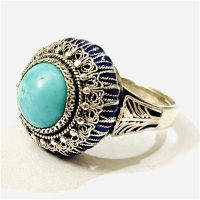 Stříbrný starožitný prsten s tyrkysem a smaltem