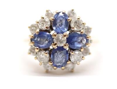 Zlatý prsten s diamanty a safíry