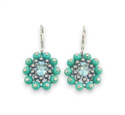 Zlaté náušnice s tyrkysy, topazy, safíry a diamanty