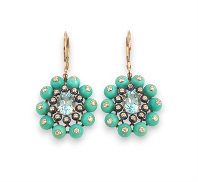 Zlaté náušnice s tyrkysy, topazy, safíry a diamanty